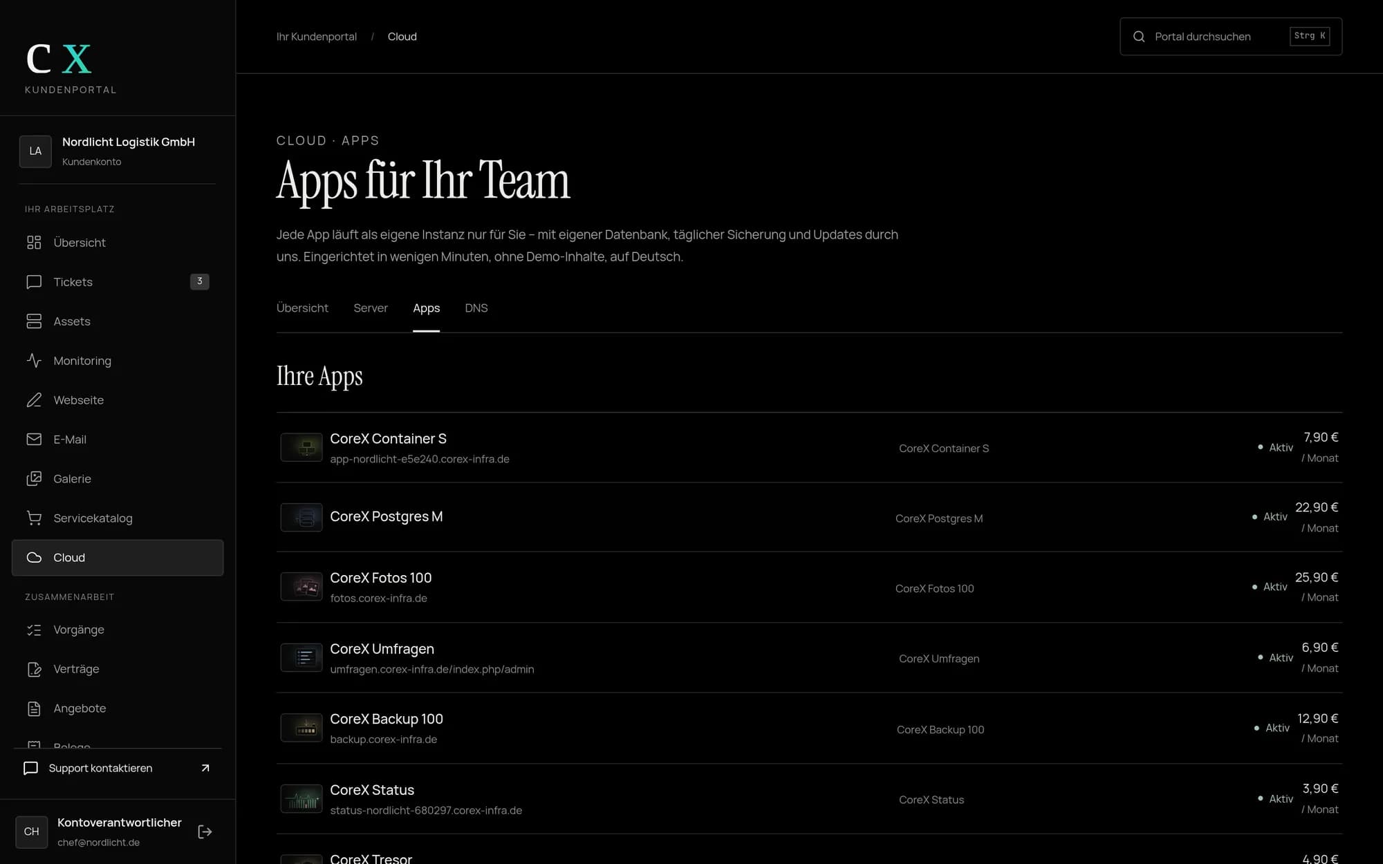 CoreX Portal: gebuchte Apps mit Adresse, Status und Monatspreis