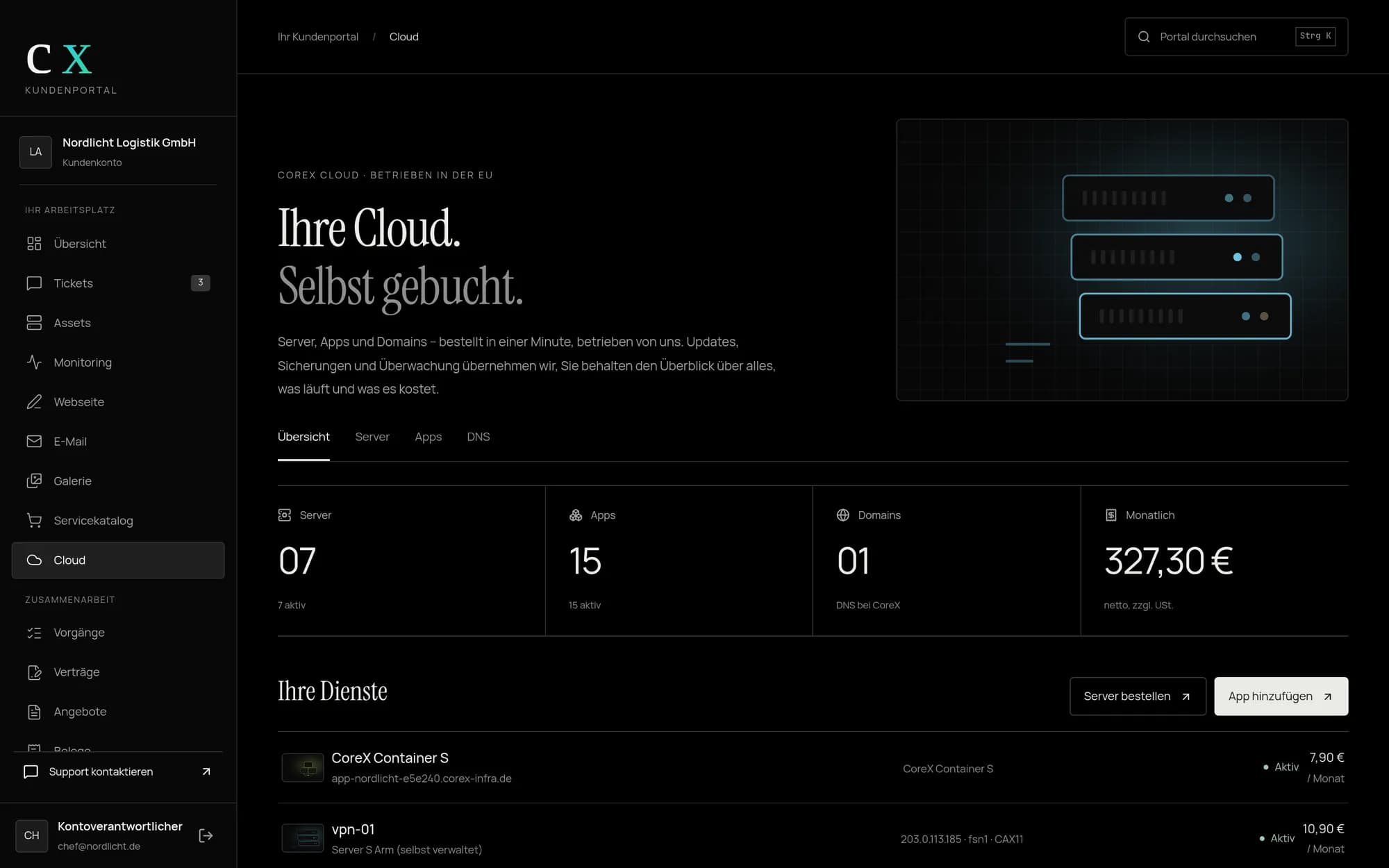 CoreX Portal: Cloud-Übersicht mit Servern, Apps und den monatlichen Kosten