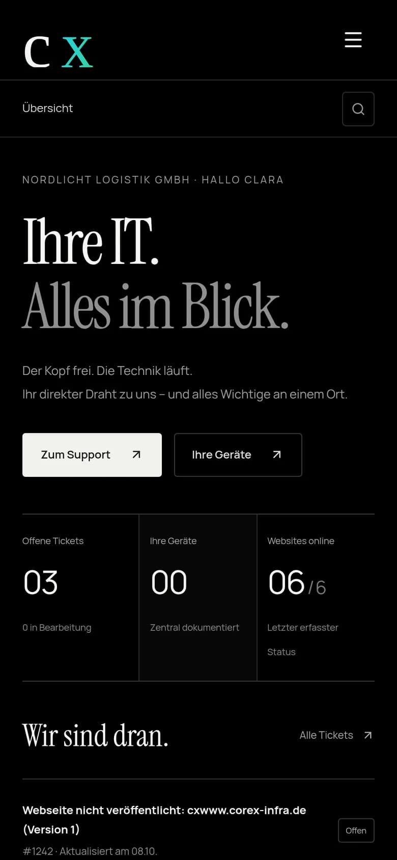 CoreX Portal auf dem Smartphone: Übersicht mit offenen Tickets und Websites