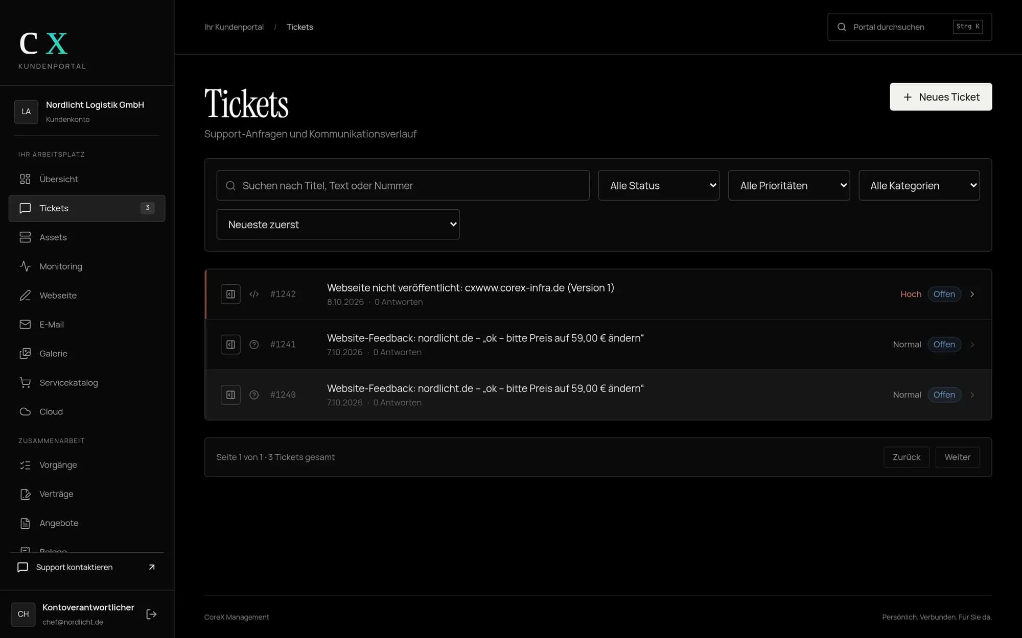 CoreX Portal: Ticketliste mit Status und Priorität