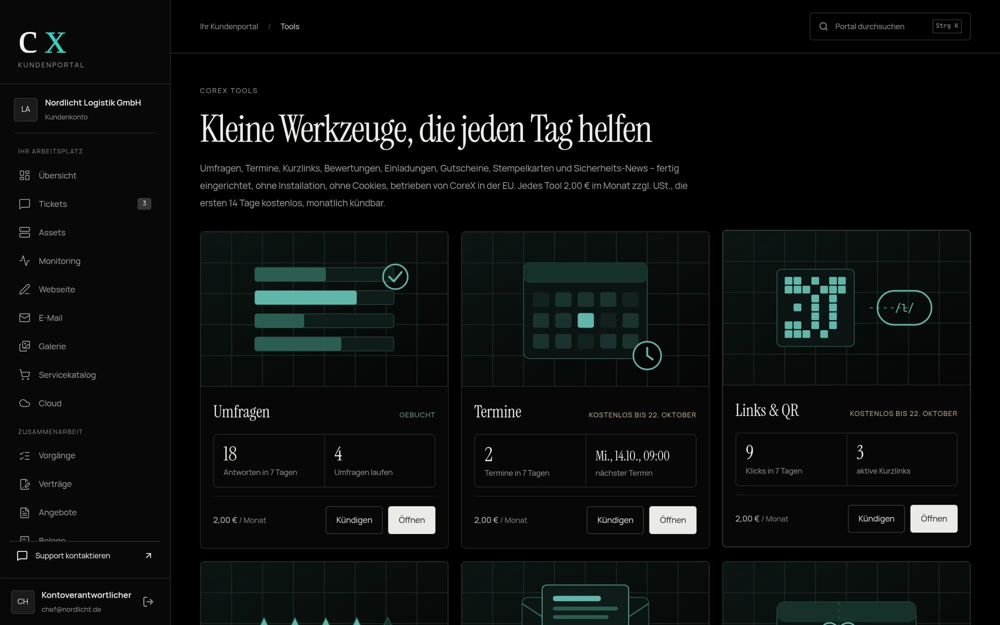 CoreX Portal: CoreX Tools mit Umfragen, Terminen und Kurzlinks