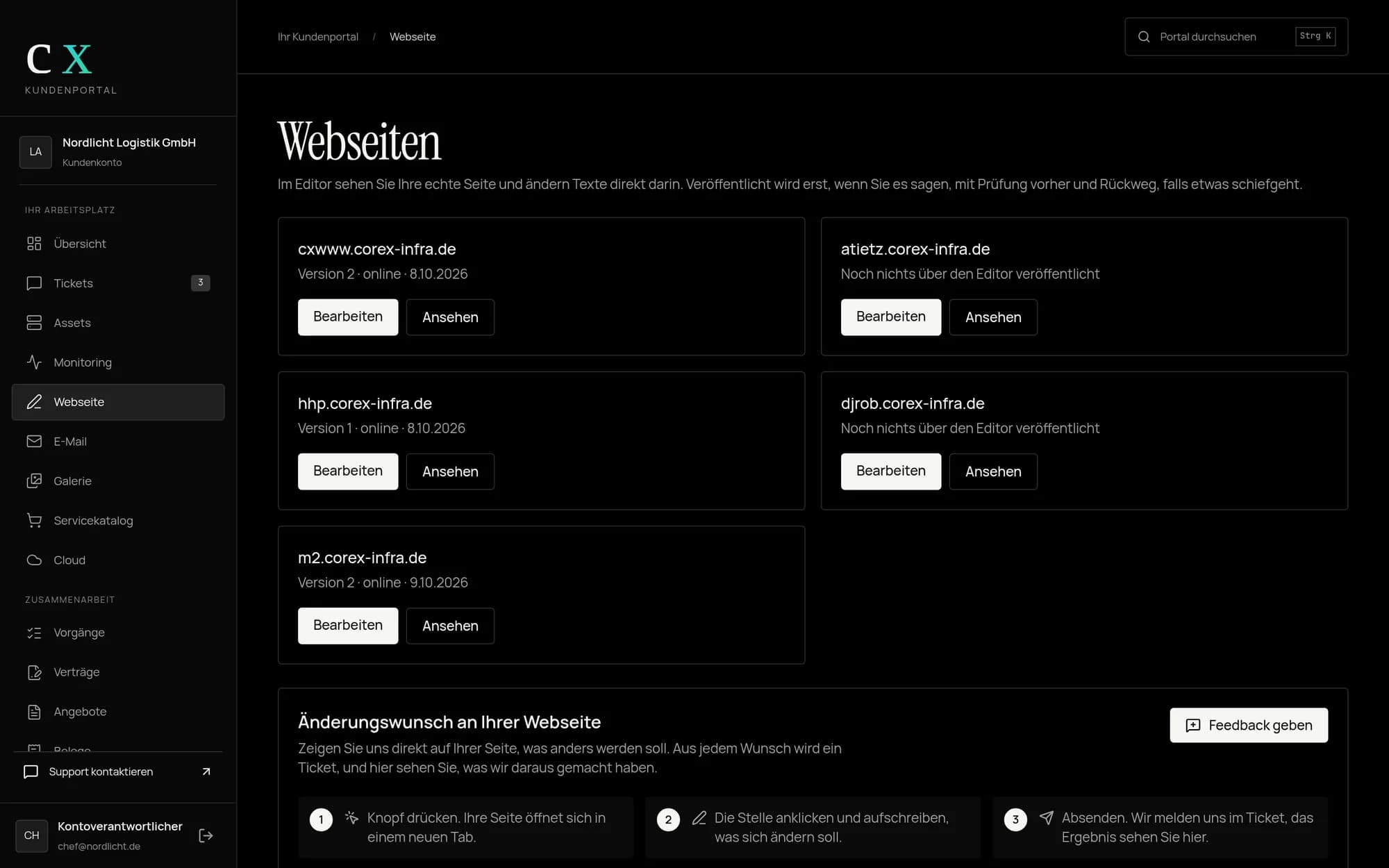 CoreX Portal: Websites des Kunden mit Bearbeiten und Ansehen