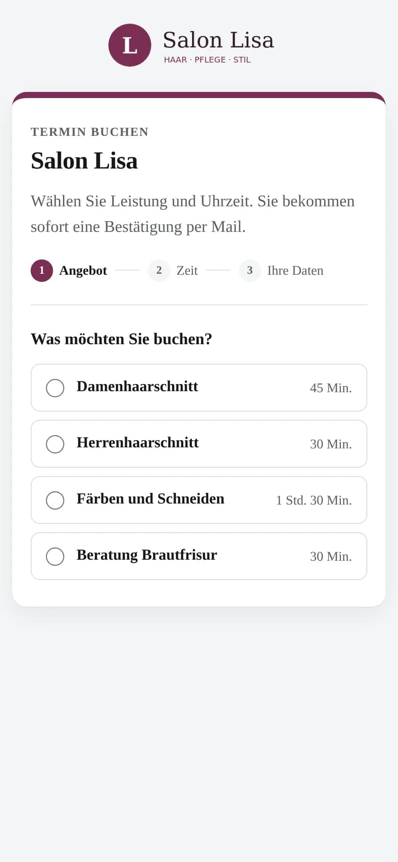 Buchungsseite von Salon Lisa auf dem Handy mit Auswahl der Leistung